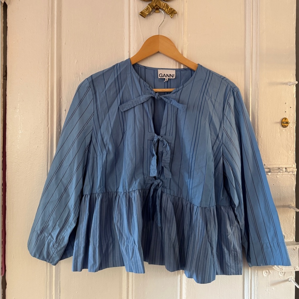 Ganni Light Blue Pinstripe Top with Bow